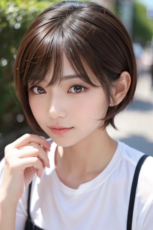 高品質in超リアルなポートレート。彼女は小さく繊細な顔立ちin、I have a slightly rounded face shape。Her expressive almond-shaped eyes have a gentle and warm gaze.、I have strong eyebrows。肌は無垢in透き通るような白さin、It has a natural shine。(Her hair is brown and pixie cut.:1.3)in、シンプルinエレガントに整えられています。メイクはナチュラルin、A light foundation and subtle blush、Uses a soft pink lip color。ライティングはソフトin自然な光を使用し、Accentuating facial features、Does not emphasize shadows。背景はシンプルinぼかしたグラデーションin、Focus on the face。