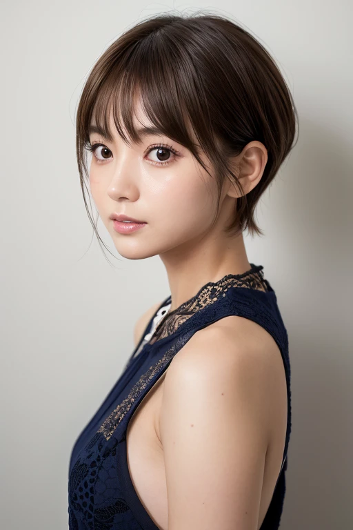 高品質in超リアルなポートレート。彼女は小さく繊細な顔立ちin、I have a slightly rounded face shape。Her expressive almond-shaped eyes have a gentle and warm gaze.、I have strong eyebrows。肌は無垢in透き通るような白さin、It has a natural shine。(Her hair is brown and pixie cut.:1.3)in、シンプルinエレガントに整えられています。メイクはナチュラルin、A light foundation and subtle blush、Uses a soft pink lip color。ライティングはソフトin自然な光を使用し、Accentuating facial features、Does not emphasize shadows。背景はシンプルinぼかしたグラデーションin、Focus on the face。