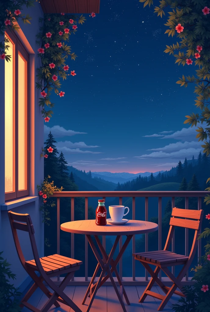 Make a picture of a balcony, along with a coffee and a Coca-Cola, on a starry night. The table has two chairs and the environment is comfortable., conveying a sense of passion with pastel autumn colors, Not anime art style. 
