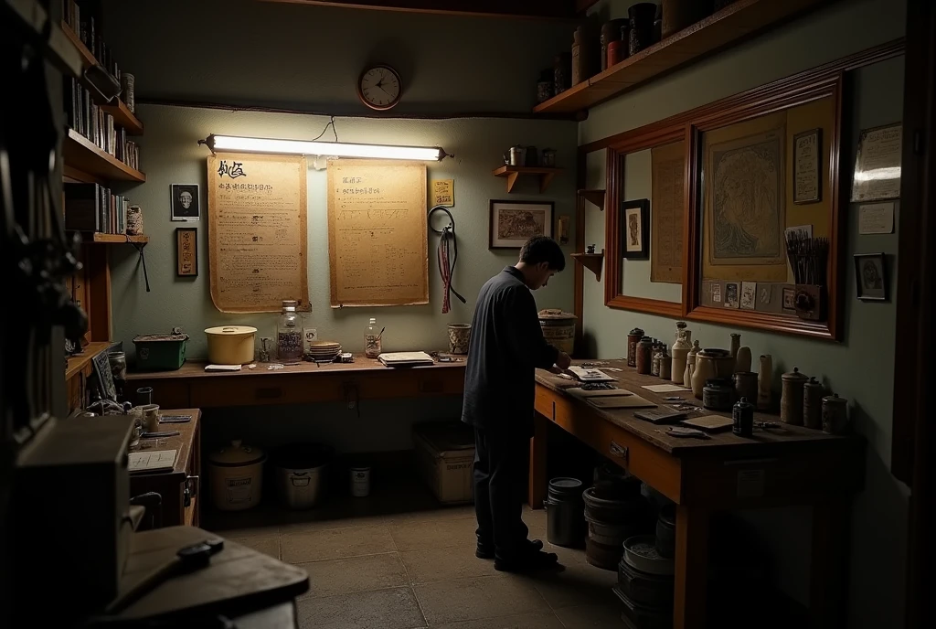 ((Japan))A dimly lit human body workshop in、((Old photos on the wall))、その写真はJapan人剥製師とJapan人の若い女性とのツーショットの笑顔の写真だった、That's how it is々Tools were hanging(((It was pinned to the wall of the workshop.)))