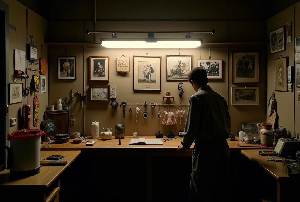 ((Japan))A dimly lit human body workshop in、((Old photos on the wall))、その写真はJapan人剥製師とJapan人の若い女性とのツーショットの笑顔の写真だった、That's how it is々Tools were hanging(((It was pinned to the wall of the workshop.)))