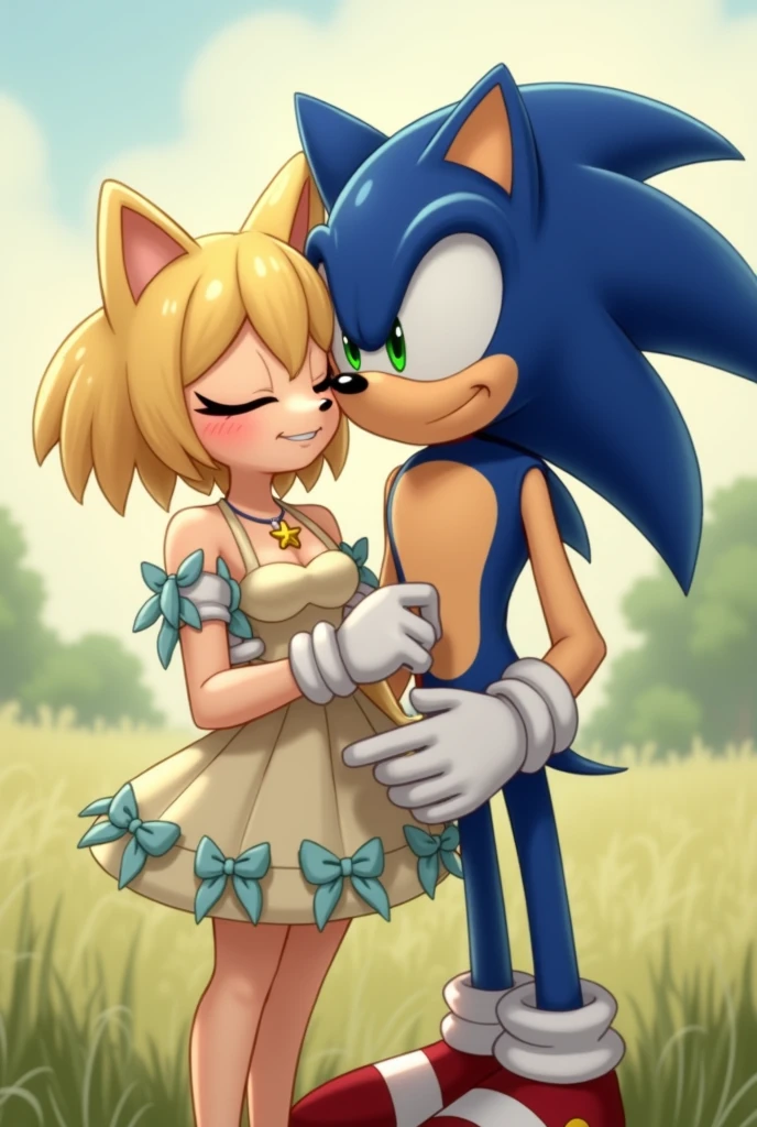 Humanoid hedgehog with pastel yellow fur and bright aquamarine eyes and short hair and white fingerless gloves with a necklace with a gold star pendant,Cream dress with fitted corset and light blue puffed thongs,long, non-puffy dress next to Sonic a humanoid hedgehog with navy blue fur and emerald green eyes and red shoes and a white tight shirt,Sonic helping her hold a bow while standing behind her kissing her cheek