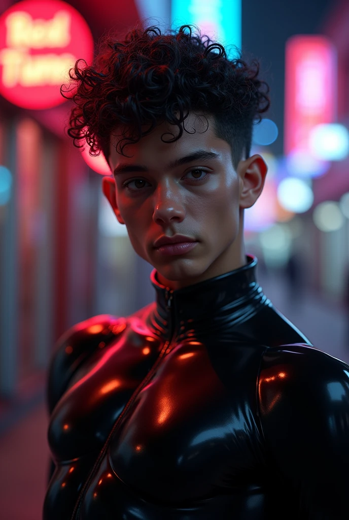 man, skinny, feminine looking man, no breasts, young, naked, very curly hair, dimples, dominant expression, black latex bodysuit, neon lights, close-up, UHD, retina, masterpiece, accurate, anatomically correct, textured skin, super detail, high details, high quality, award winning, best quality, highres