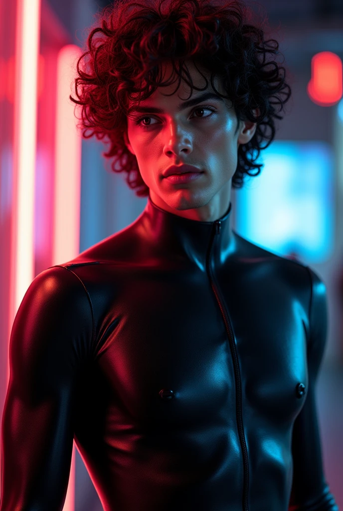 man, skinny, feminine looking man, no breasts, young, naked, very curly hair, dimples, dominant expression, black latex bodysuit, neon lights, close-up, UHD, retina, masterpiece, accurate, anatomically correct, textured skin, super detail, high details, high quality, award winning, best quality, highres