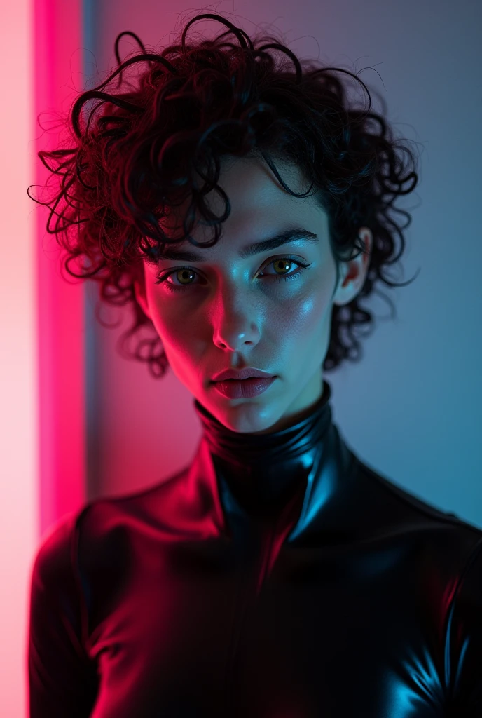 man, skinny, feminine looking man, no breasts, young, naked, very curly hair, dimples, dominant expression, black latex bodysuit, neon lights, close-up, UHD, retina, masterpiece, accurate, anatomically correct, textured skin, super detail, high details, high quality, award winning, best quality, highres