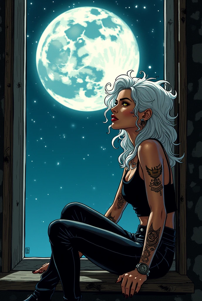 Painel Comic Marvel: A woman with tanned skin, long curly white hair, few tattoos, piercings no rosto e no umbigo, gold eyes, wearing punk style clothes, with her wearing a black top. Sitting in a Window Looking at the Moon. manga style