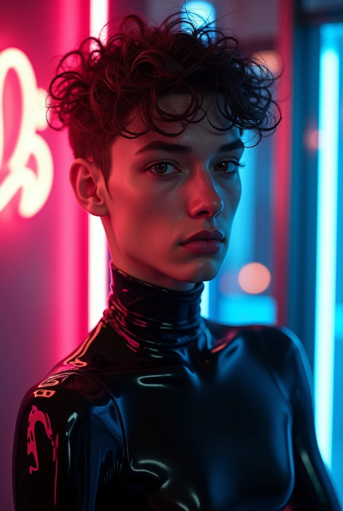 man, skinny, feminine looking man, no breasts, young, naked, very curly hair, dimples, dominant expression, black latex bodysuit, neon lights, close-up, UHD, retina, masterpiece, accurate, anatomically correct, textured skin, super detail, high details, high quality, award winning, best quality, highres
