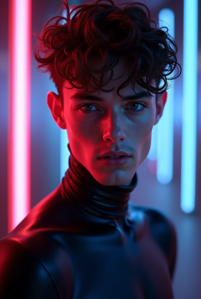 man, skinny, feminine looking man, no breasts, young, naked, very curly hair, dimples, dominant expression, black latex bodysuit, neon lights, close-up, UHD, retina, masterpiece, accurate, anatomically correct, textured skin, super detail, high details, high quality, award winning, best quality, highres