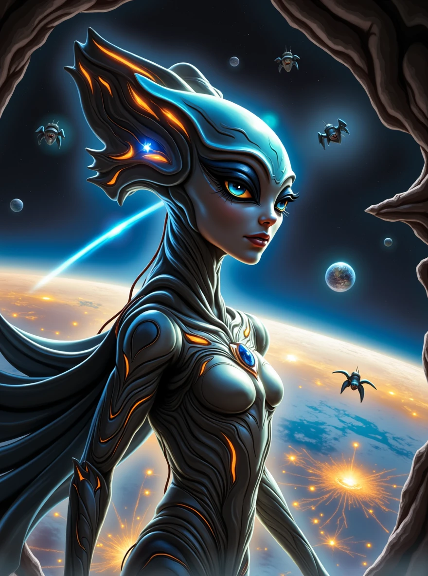 An alien creature from a galaxy far, far away,Demonstrates impressive supernatural abilities,This entity is shrouded in an aura of mystery and power.,Radiating dazzling energy and distinctly non-human features。Its sharp eyes look down upon the earth,Absorb the complexity of human culture and life。This scene is set against the backdrop of a vast, dark universe and mysterious alien structures.,The dark background further highlights the strangeness and huge size of the alien creatures.,The tiny earth is illuminated,Showing its beauty and diversity,This alien is unlike any life form on Earth,Standing in front of a large Zerg-style spaceship,This spaceship is StarCraft style,Alien beauty,The edges are uneven,Unique structure,As if there is life