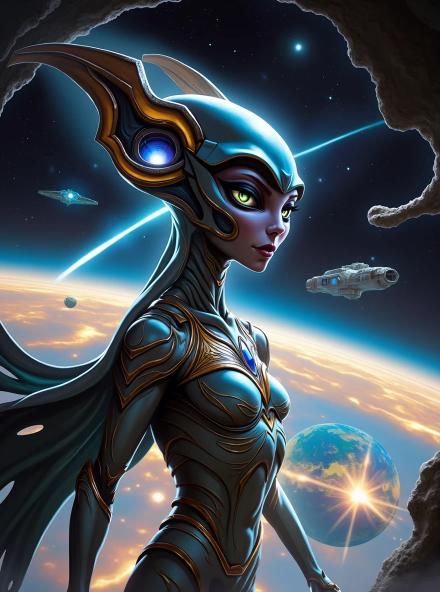 An alien creature from a galaxy far, far away，Demonstrates impressive supernatural abilities，This entity is shrouded in an aura of mystery and power.，Radiating dazzling energy and distinctly non-human features。Its sharp eyes look down upon the earth，Absorb the complexity of human culture and life。This scene is set against the backdrop of a vast, dark universe and mysterious alien structures.，The dark background further highlights the strangeness and huge size of the alien creatures.，The tiny earth is illuminated，Showing its beauty and diversity，This alien is unlike any life form on Earth，Standing in front of a large Zerg-style spaceship，This spaceship is StarCraft style，Alien beauty，The edges are uneven，Unique structure，As if there is life
