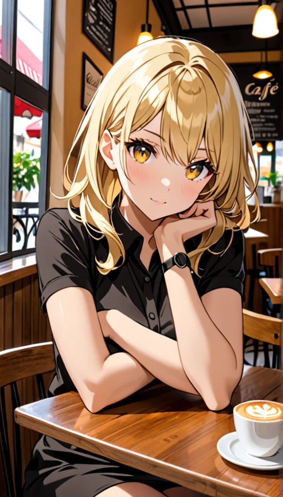 Beautiful and blond, cafe, wearing black, free arms, looking sitting across the viewer , intrested 