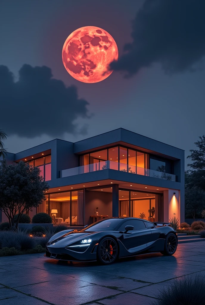 Moder house with sports car and the background is night blue purple and red moon