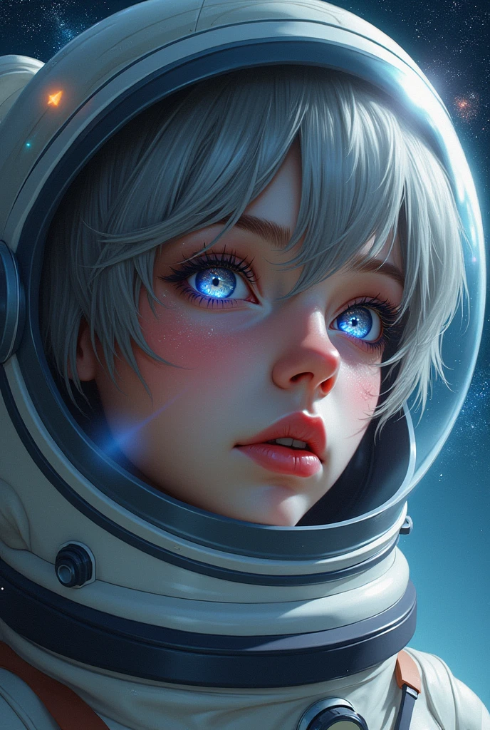 (Close-up of a better masterpiece:1.5)0.9], (Space and astronauts:1.2) (Messy silver hair:1.1) (Heterochromia eyes:1.2) (Space Helmet:1.0) (galaxies in the eyes:1.0) (A radiant glow:1.1) (thick lips:0.9)