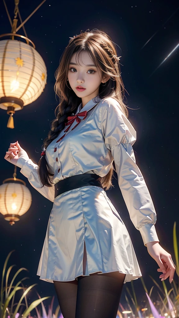 ulzzang-6500-v1.1, (RAW photo: 1.2), (Real photo), (Real photo: 1.4), 1 girl、Perfect anatomy、20 years old、Looking at the camera、Medium length hair、side braids, uniform short skirt, in a surreal royal garden, with many hanging lanterns, under the starry night sky, ((starry night: 1.1))、(Surreal tights: 1.2), (Business service)、Asian eyes Ella,