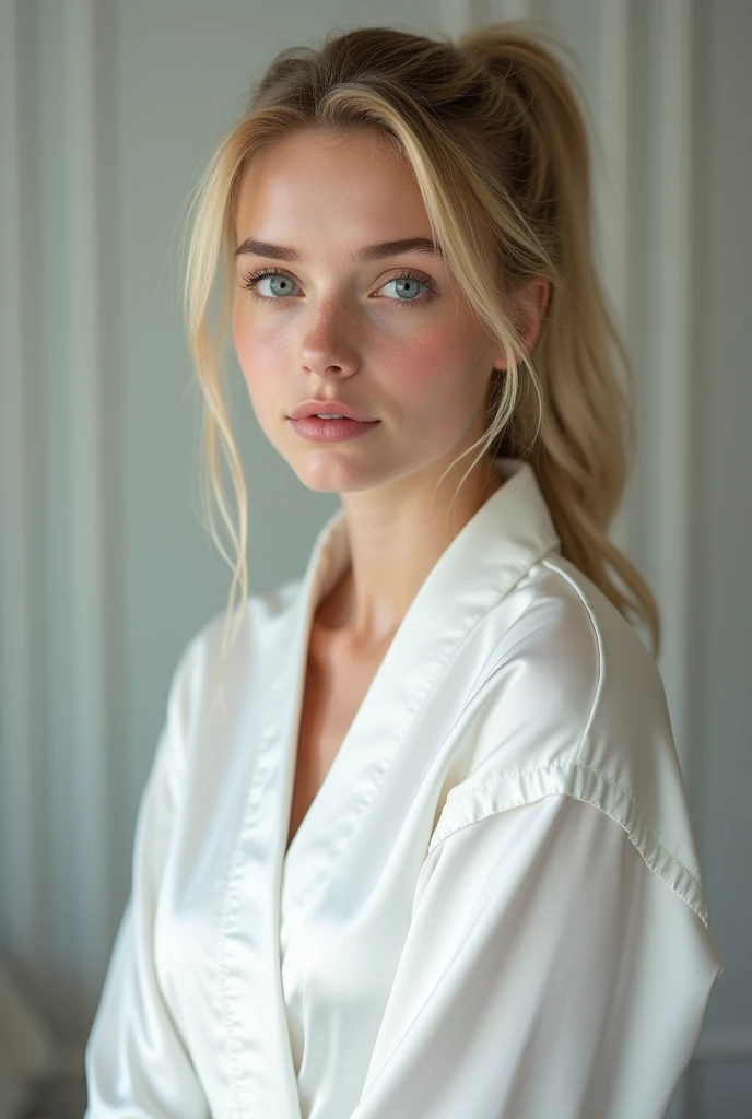 18 year old girl with blonde hair tied in a ponytail, blue eyes, Whole body, dressed in a white mini short silk robe