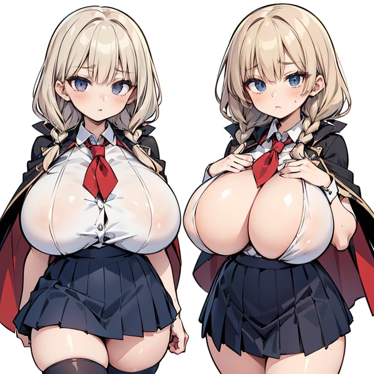 Anime Kawaii sexy Perfect Slim sensual body large breast and huge thighs, An intricate and highly detailed illustration of anime (Young girl) 1 girl, light hair, darker eyes, Solid eyes, blank stare, shorth hair, two braids, breasts big, school clothes, white collar, jaket, cape, overskirt, knee socks, no expression, no back ground, white background