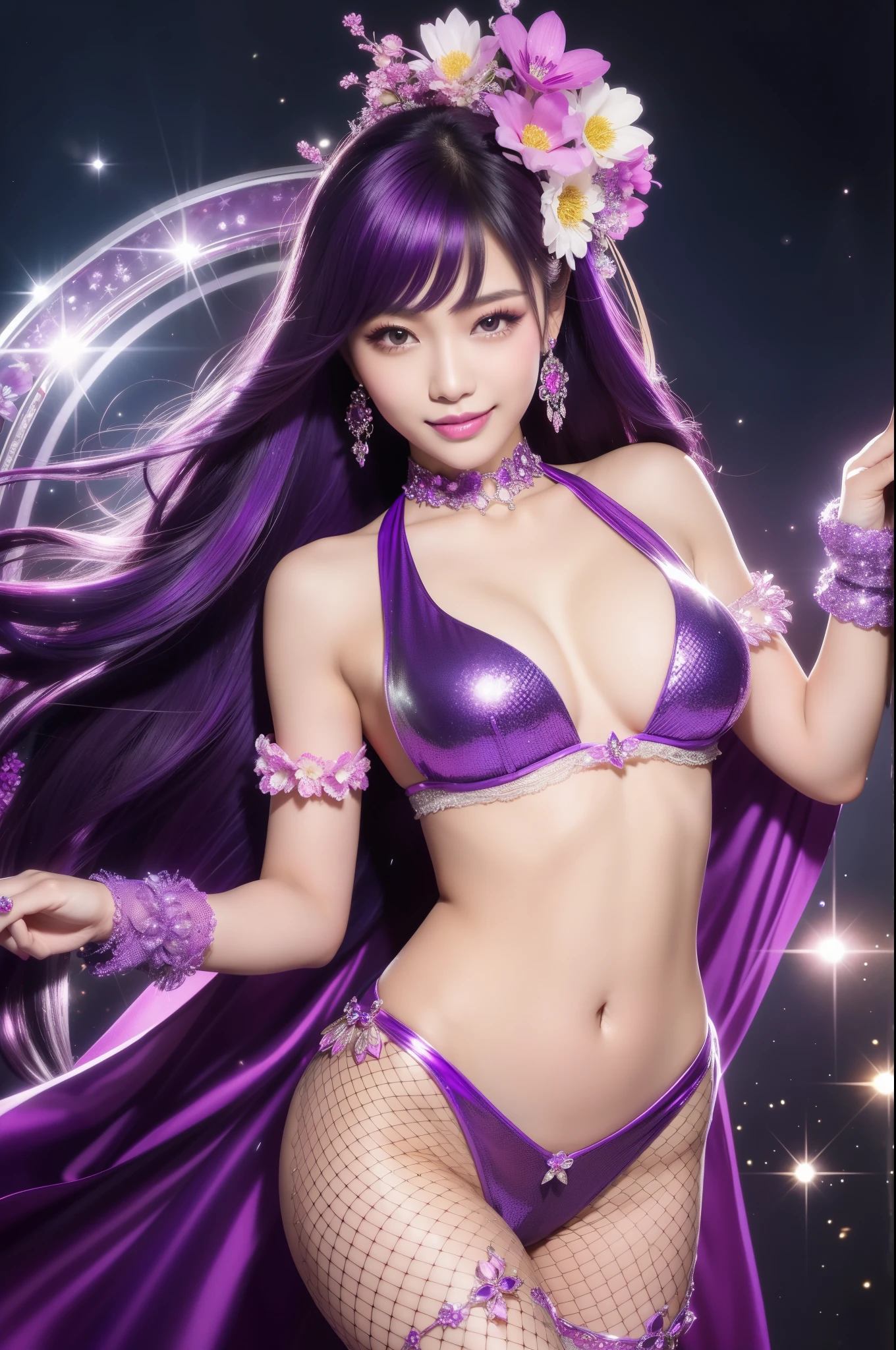 sexy Thai model who controls poison、beautiful smile、lipgloss、intense makeup、look at the camera、full body Esbian、、sparkling poisoned flower costume (purple)、、、、shiny sparkling multicolor hair、secrete poison、skull hair accessories、fishnet tights、shiny sparkling flowers background