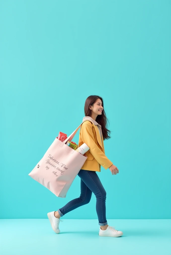 Cute product bag carrying items for profile walking on minimalist blue background