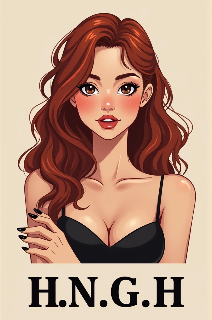 A logo of a 19 year old redhead brunette girl, pretty eyebrows, straight teeth, thinner lips, long nails, brown skin, dark black eyes,with black eyeliner, not so thin but not fat either, VERY long hair and this one with arms crossed and a small bust, not so thin, half round face with initials below, estas iniciales h.n.g.h. in capital letters