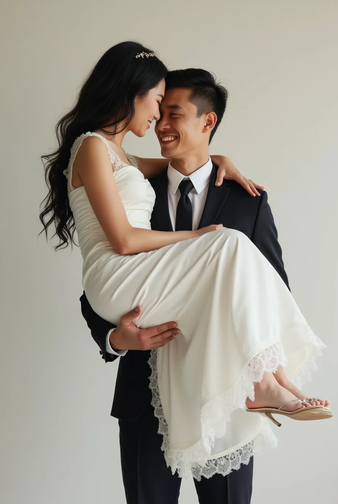 realisitic; from the image Create the couple where the woman is being carried by the man style "bride", Both have white skin, black hair and both are smiling.