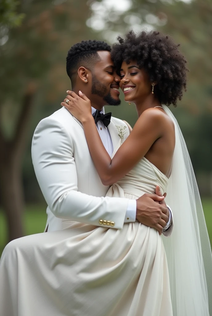 realisitic; from the image Create the couple where the woman is being carried by the man style "bride", Both have white skin, black hair and both are smiling.