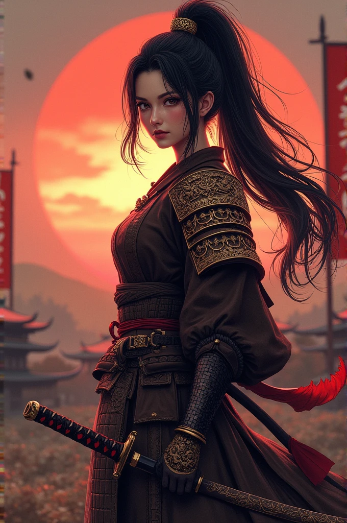A beautiful girl dressed as a samurai warrior from the Sengoku period, standing confidently in a traditional Japanese battlefield. She has long, flowing black hair tied in a high ponytail, piercing eyes with a determined gaze, and a scar on her cheek that hints at her warrior experience. She wears ornate samurai armor with intricate designs, including a kabuto (helmet) with an elaborate crest, and wields a katana with grace and strength. The background shows a dramatic sunset over rolling hills, with banners and flags fluttering in the wind, creating a sense of historical grandeur and epic conflict."