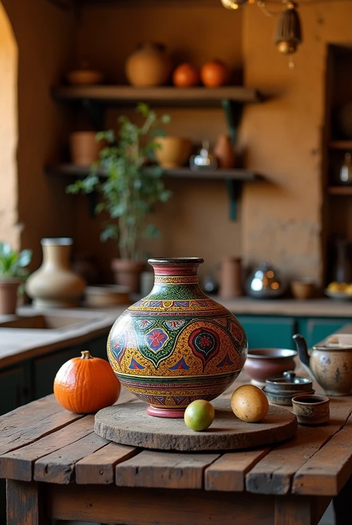 A beautiful picture of a pot sitting prettily on a table in an African kitchen