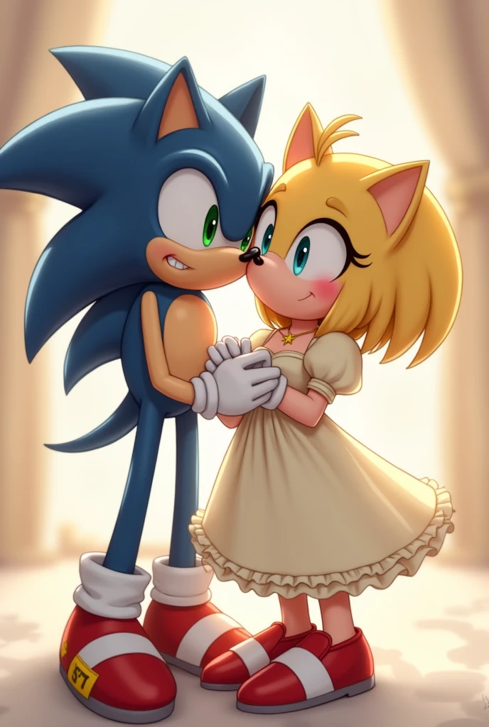 Humanoid hedgehog with pastel yellow fur and bright aquamarine eyes and short hair and white fingerless gloves with a necklace with a gold star pendant,Cream dress with fitted corset puffed sleeves light blue,long, non-puffy dress next to Sonic a humanoid hedgehog with navy blue fur and emerald green eyes and red shoes and a white tight shirt,Sonic helping her hold a bow while standing behind her kissing her cheek