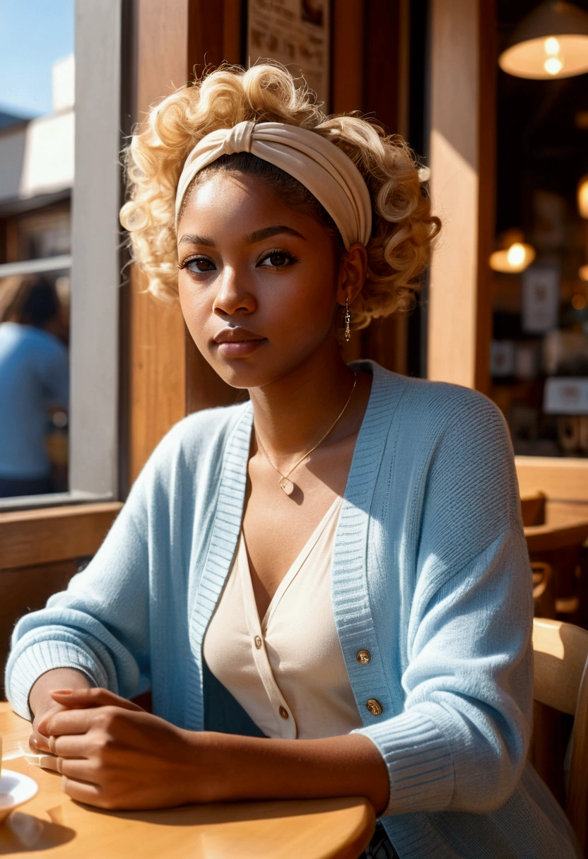 "Create an anime-style illustration (portrait) of a young and beautiful black woman, facing forward, sitting at a table in a cozy café illuminated by the morning sun. She has waist-length, wavy blonde hair styled with a simple black headband. Dress her in a light blue plain cardigan and a pair of beige high-waisted trousers. The morning sunlight gently bathes the café, creating a warm and inviting atmosphere around her."