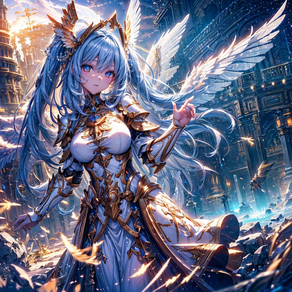 masterpiece, 8K wallpaper incorporating highly detailed CG, 8K Ultra HD, Digital SLR, high quality, clean, ((A goddess in white mechanical armor with large wings, godly aura, magic, fly in the sky)), Glowing Eyes, Cinema Lighting, 超High resolution, 超High resolution, High resolution,Huge golden halo