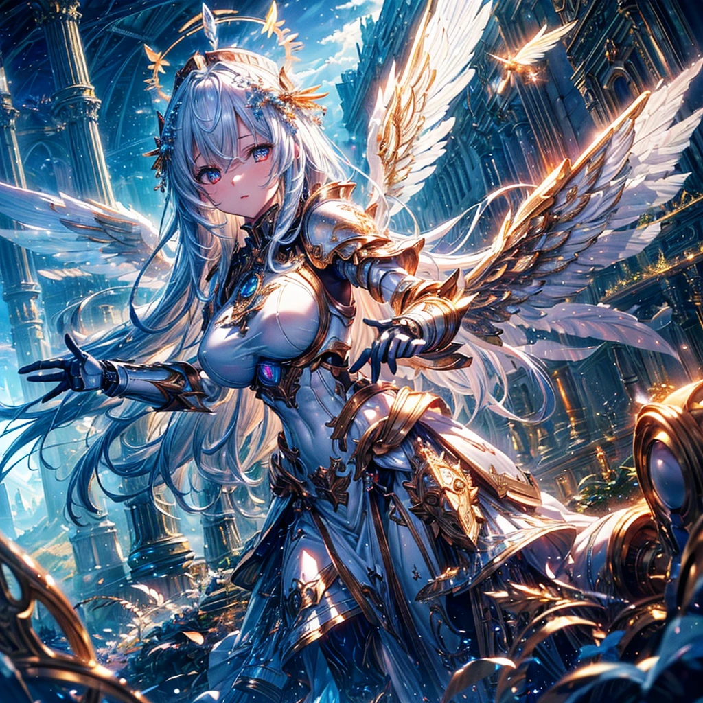 masterpiece, 8K wallpaper incorporating highly detailed CG, 8K Ultra HD, Digital SLR, high quality, clean, ((A goddess in white mechanical armor with large wings, godly aura, magic, fly in the sky)), Glowing Eyes, Cinema Lighting, 超High resolution, 超High resolution, High resolution,Huge golden halo