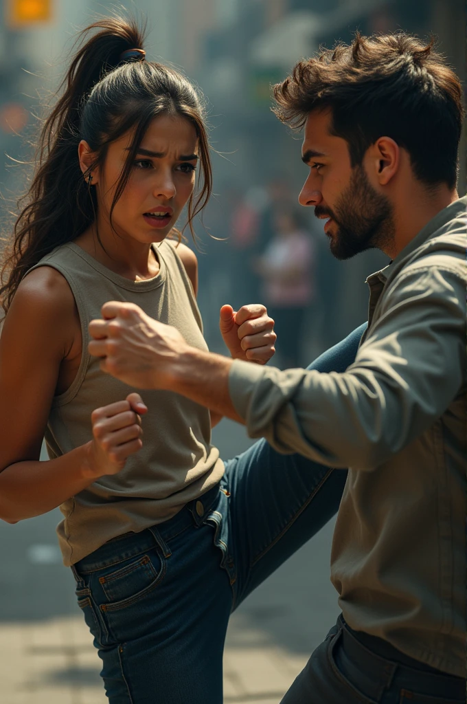A young lady kicking a man in the middle of the legs