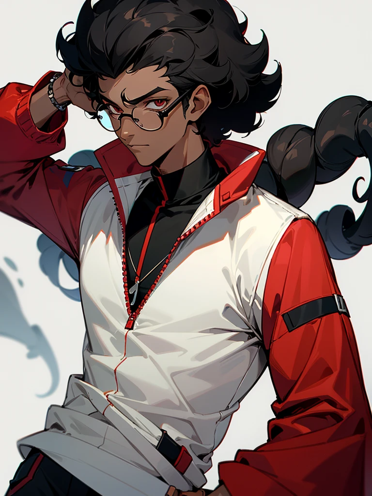 Image of a dark-skinned boy with short curly black hair wearing black glasses, a white bracelet with black details and a red shirt and a long black jacket on top, with design based on the style of a pokemon trainer.