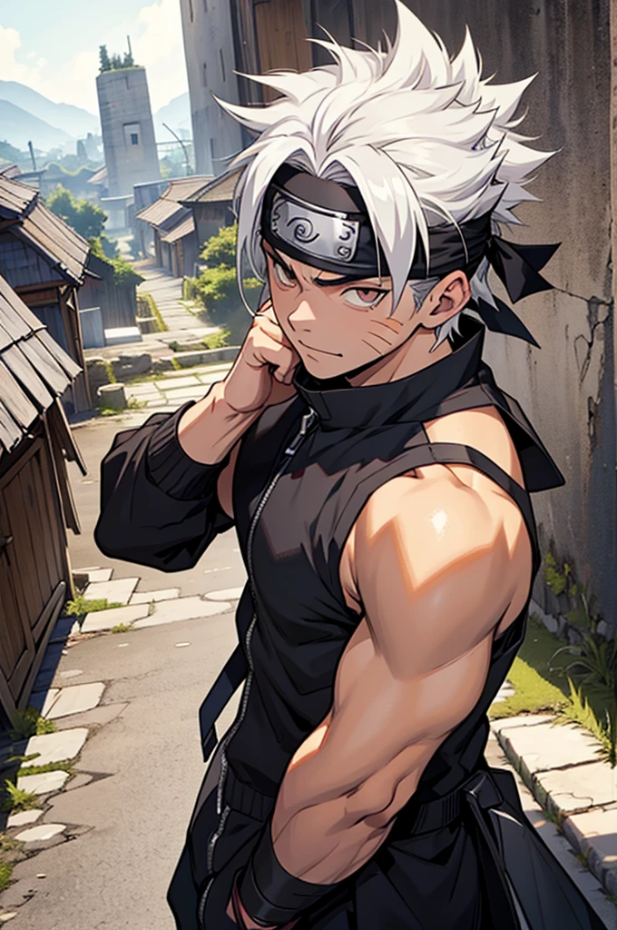 Highest accuracy,Muscle men wear only black leggings,Half squat all over the body,Shirtless,There are scars and camouflage on the body,Lower body erection,Lower body details,Thick pubic hair,The handsome face of youth,The expression is shy,Short white hair,Armed with a ninja long knife,The background is a Japanese-style building,Background details are exquisite,Ninja style