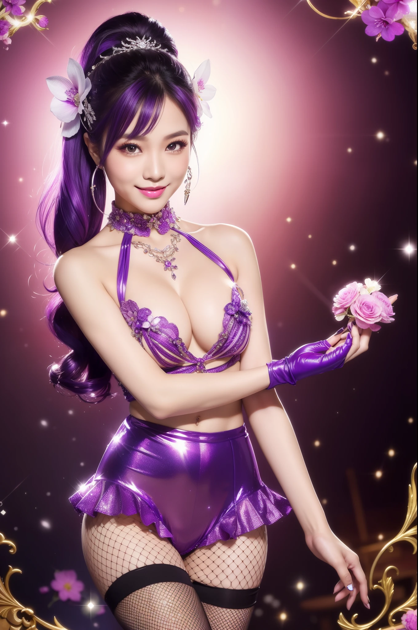 sexy Thai model who controls poison、beautiful smile、lipgloss、intense makeup、look at the camera、full body Esbian、、sparkling poisoned flower costume (purple)、、、、shiny sparkling multicolor hair、secrete poison、skull hair accessories、fishnet tights、shiny sparkling flowers background