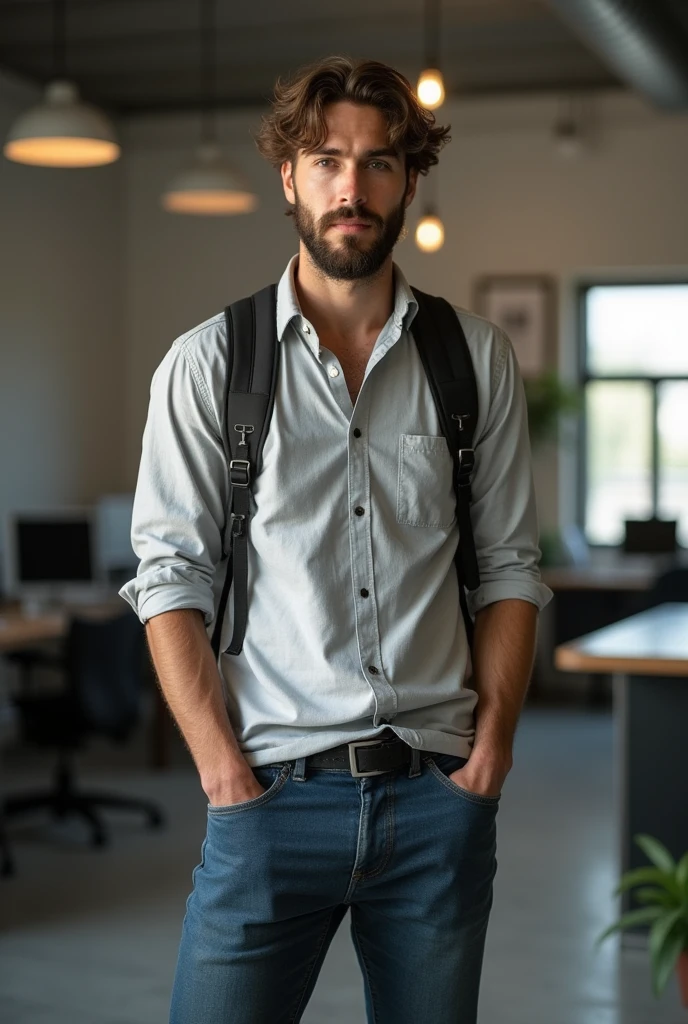 Young 25 year old engineer with beard and casual clothes, It should not be so realistic and should only be seen from the waist up.