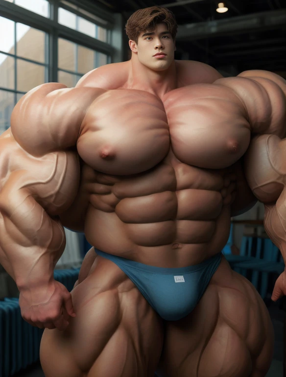 1boy, giant, asian, solo, giant bodybuilder, illuminating light, strong body, bulk, large size, standing in whiet photo studio by the windows, indoor, nude, blue triangular underwear with enormous bulge, extraordinary big, brutalmass, giant muscular body, bulk, buff, massive body, large meaty body size, extremely wide body