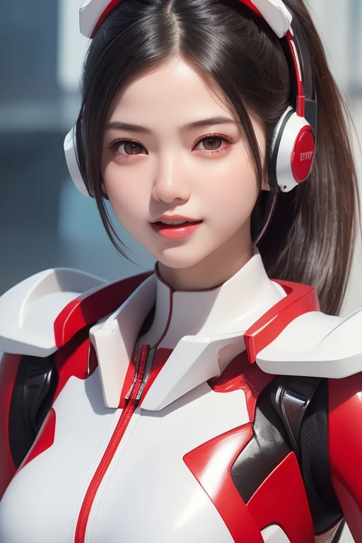 Top Quality, Masterpiece, Ultra High Resolution, (Photorealistic: 1.4), Raw Photo, 1 Girl, Black Hair, Glossy Skin, 1 Mechanical Girl, (((Ultra Realistic Details)), Portrait, Global Illumination, Shadows, Octane Rendering, 8K, Ultra Sharp, Intricate Ornaments Details, realistic skin, sweat effect, ((wearing Headphone)), very intricate detail, realistic light, CGSoation trend, brown eyes, glowing eyes, matte red and glossy white mechanical bodysuit, Long hair, black hair, Ponytail hair, Half body shot, spaceship bridge background, dynamic pose, cute smile, close up, Open Mouth, red collar, white suit