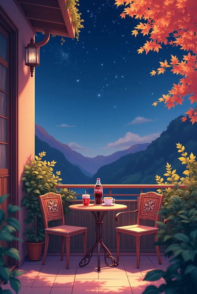 Make a picture of a balcony, along with a coffee and a Coca-Cola in a glass cup, on a starry night. The table has two chairs and the environment is comfortable., conveying a sense of passion with pastel autumn colors, in the anime art style of that beautiful detailed