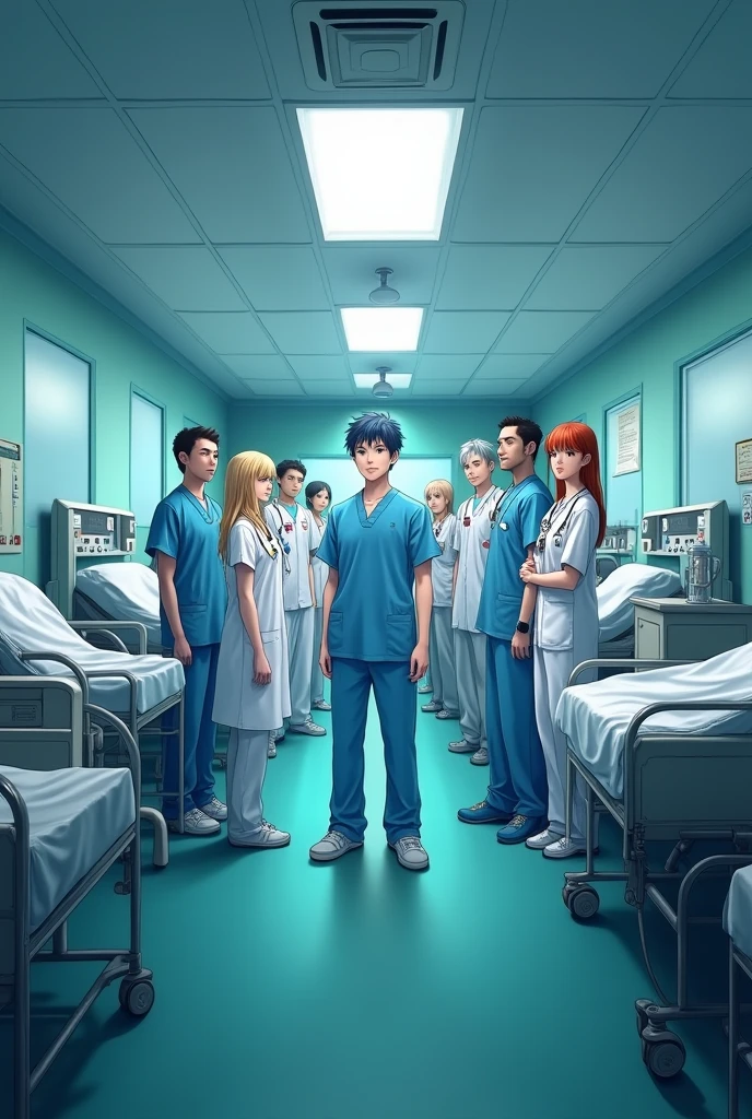 A movie poster of an emergency department with patients and hospital staff, anime style