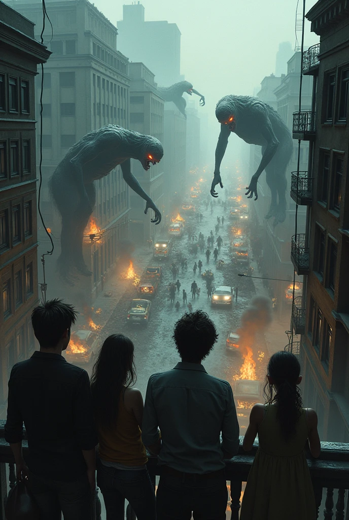 A City in caos with a bunch of people seeing it from a house, add monsters looking like zombies in the ground