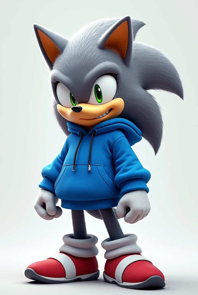Sonic, mobian, male, gray, in blue hoodie,