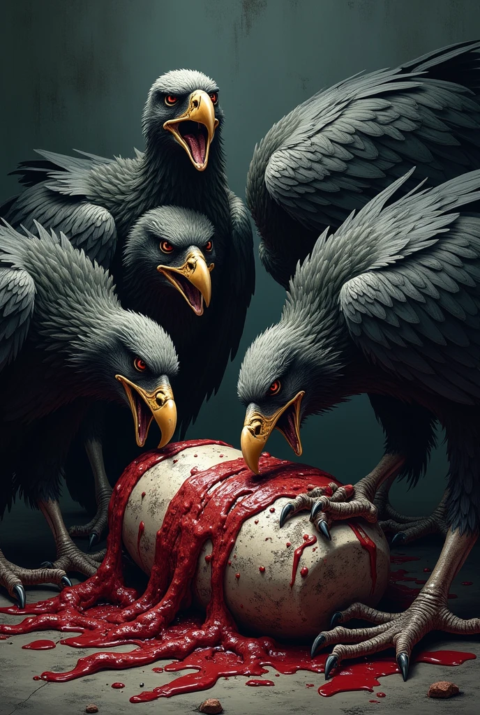1. **Main Scene**: Four vultures around a corpse, with details that highlight their feeding action.
2. **Logo Style**: A design that is eye-catching, perhaps with a dark or caricature style, that highlights the theme.
3. **Text**: Under the scene, the text "pimps" in a striking font that fits with the overall aesthetics of the logo.