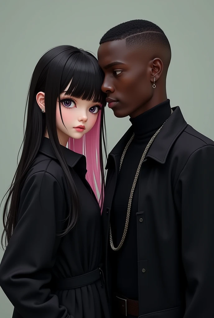 e-girl with a black coat, straight hair with some strands of hair dyed a little pink, a little towards red, with the rest of her hair black, and a dark-skinned man with short hair shaved on the side, with a thick cord, with a black blouse