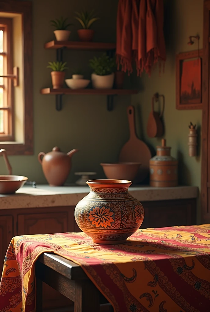 A beautiful picture of a pot sitting prettily on a table in an African kitchen 