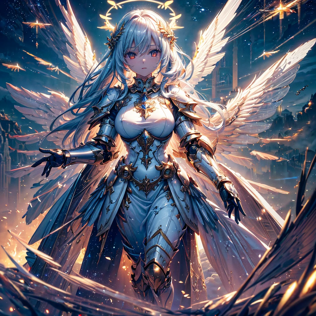 masterpiece, 8K wallpaper incorporating highly detailed CG, 8K Ultra HD, Digital SLR, high quality, clean, ((A goddess in white mechanical armor with large wings, godly aura, magic, fly in the sky)), Glowing Eyes, Cinema Lighting, 超High resolution, 超High resolution, High resolution,Huge golden halo