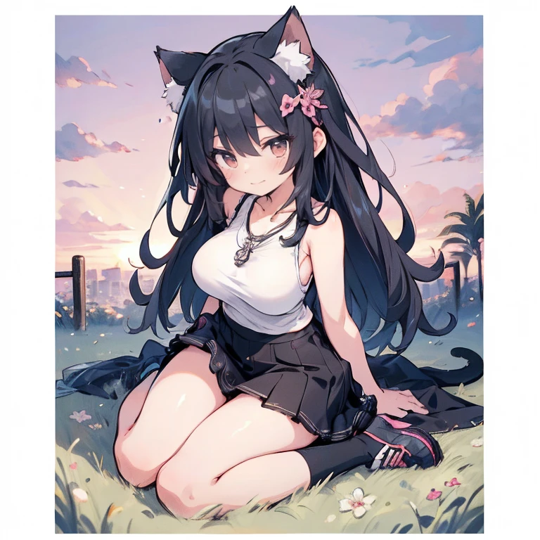 Anime Kawaii sexy Perfect Slim sensual body large breast and huge thighs, An intricate and highly detailed illustration of anime (Young girl) Top view, flirtatious look, sweet smile, right hand arranging her hair, black hair, long, cat ears, silver eyes, defined body, SEX, athletic, casual clothes, sleeveless shirt, white, black skirt, dresser, sitting on the grass, Sunset, view of the town, Comfortable shoes, rattlesnake necklace , hair ornament, colorful, Hi-Def, ultra high quality, anime.