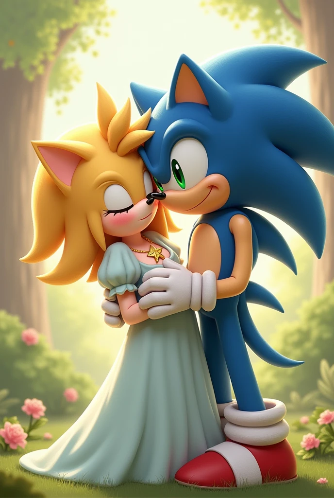 Humanoid hedgehog with pastel yellow fur and bright aquamarine eyes and short hair and white fingerless gloves with a necklace with a gold star pendant,Cream dress with fitted corset puffed sleeves light blue,long, non-puffy dress next to Sonic a humanoid hedgehog with navy blue fur and emerald green eyes and red shoes and a white tight shirt,Sonic helping him hold a bow,standing behind her kissing her cheek with his eyes closed