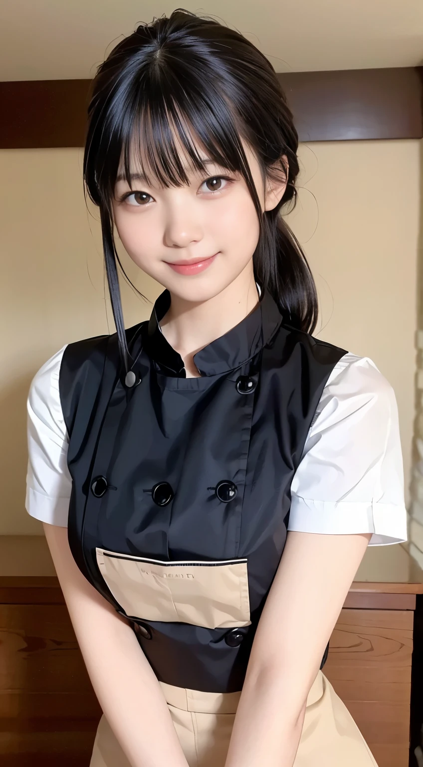(Highest quality,masterpiece:1.3,Ultra-high resolution,),(Very detailed,Caustics),(Realistic:1.4,RAW shooting,)Ultra-Realistic Capture,Very detailed,High resolution 16K human skin closeup。 Natural skin texture、,pores、、、、It must be detailed enough to be easily identifiable。 Skin tone is even and healthy looking。 Use natural light and colour,restaurant,Waitress Uniform,1 girl,Japanese,18-year-old,cute,Black-haired,ponytail,Big Breasts,smile,Turn your body forward,(Front view:1.1),Looking into the camera,Cowboy Shot,