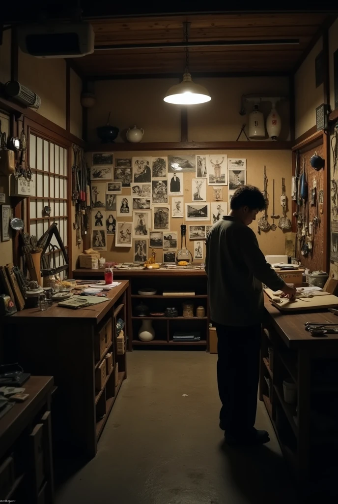 ((Japan))A dimly lit human body workshop in、((Old photos on the wall))、その写真はJapan人剥製師とJapan人の若い女性とのツーショットの笑顔の写真だった、That's how it is々Tools were hanging(((It was pinned to the wall of the workshop.)))